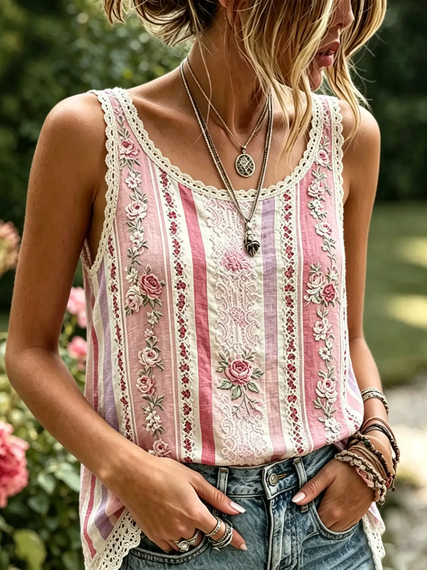 Women's Stripe Floral Print Cotton Lace Trim Sleeveless Tank Top