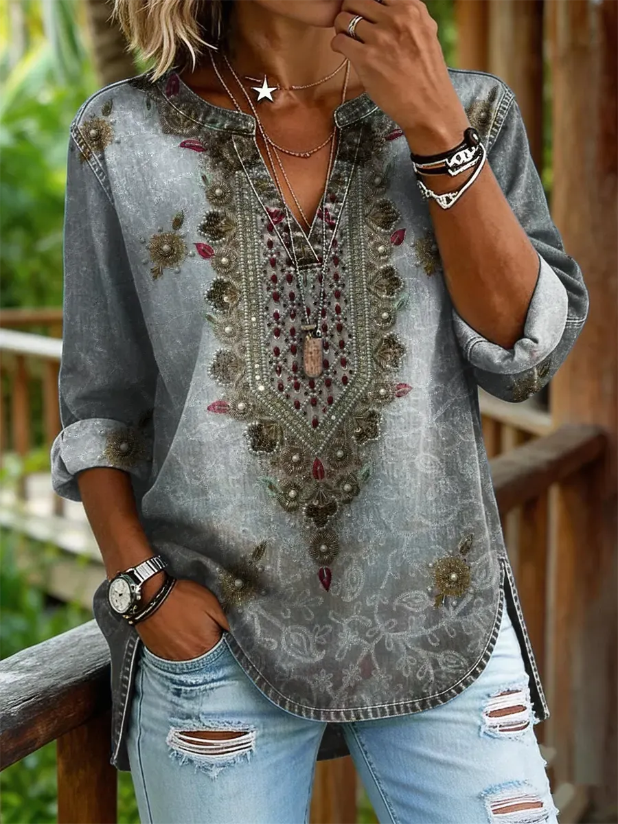 Women's Vintage Floral Print Casual V-neck Washed Cotton Denim Shirt