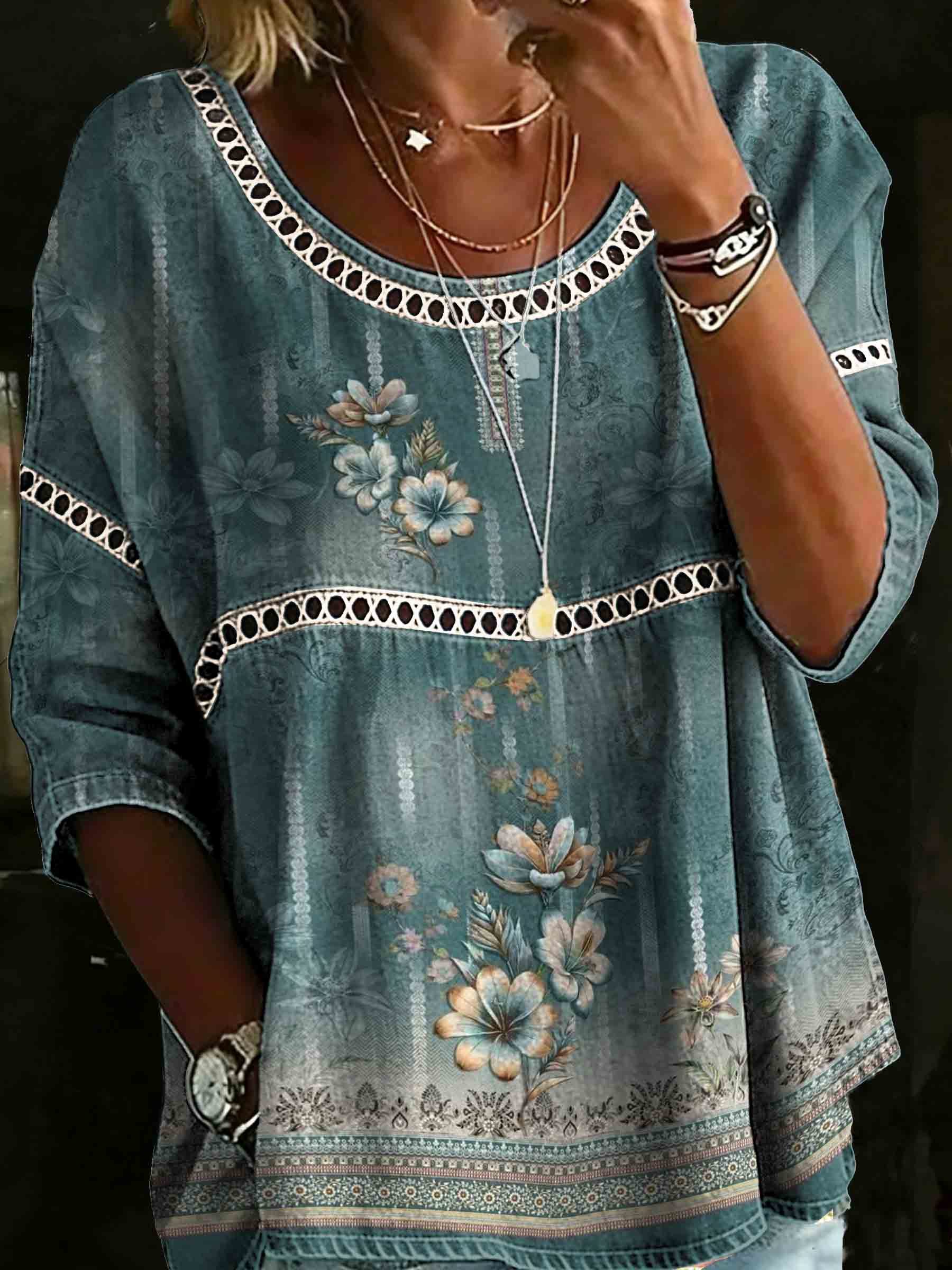 Vintage Gradient Floral Art Print Casual Hollow Shirt