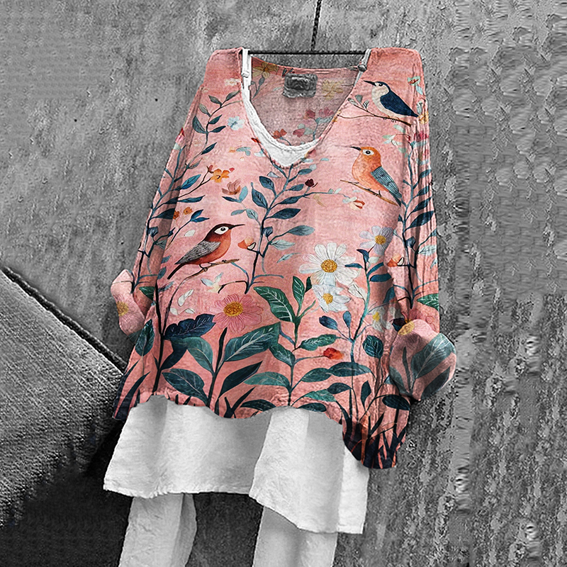 Women's Japanese Flower And Bird Art Print V-neck Shirt