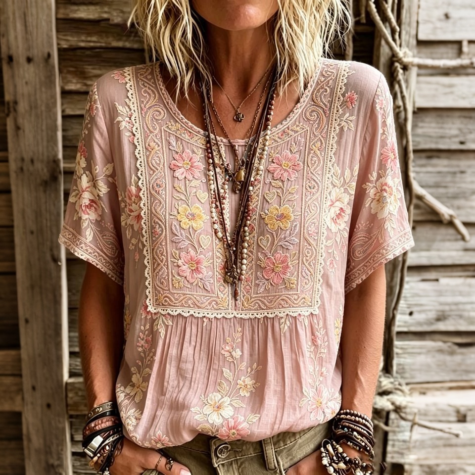 Women's Retro Floral Embroidered Art Round Neck Short Sleeve Linen Blend T-shirt