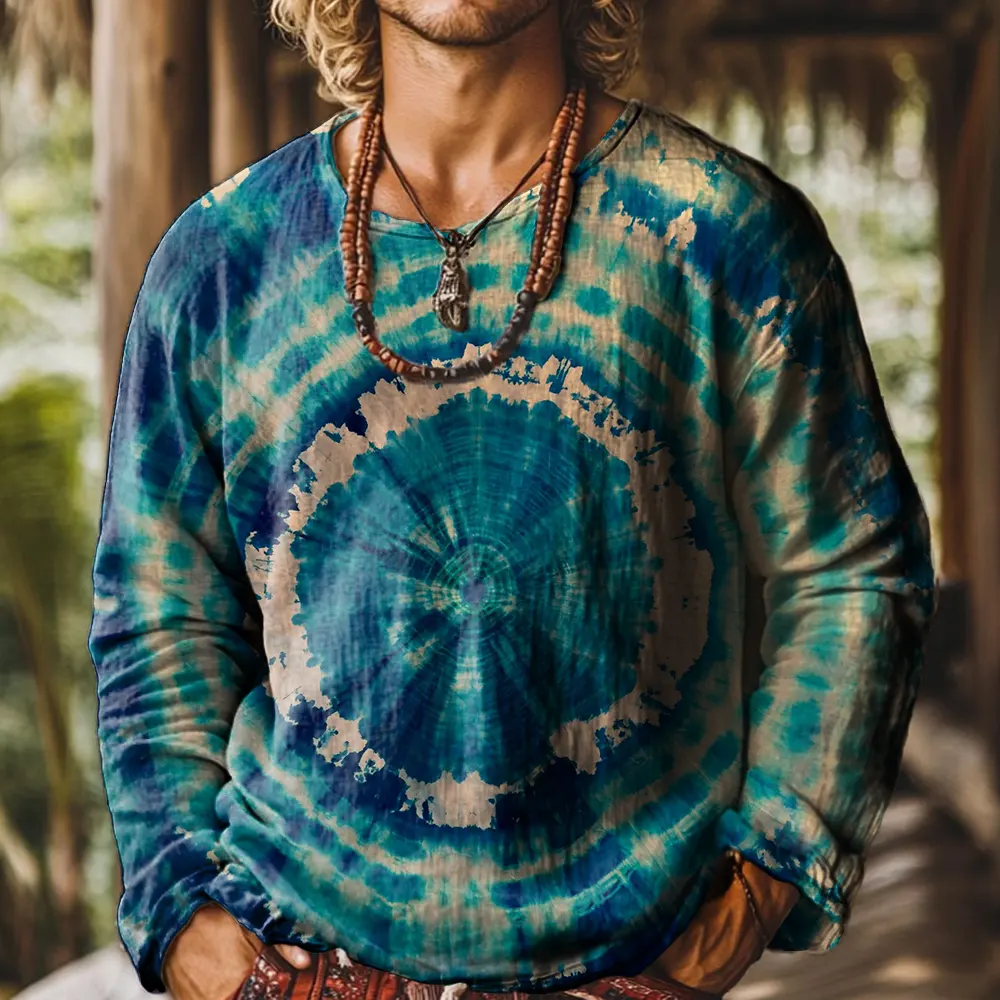 Ethnicity Blue Tie Dye Vintage Print Casual Cotton Shirt