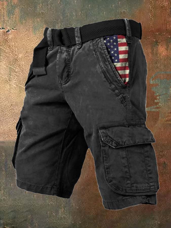 Men's Vintage Flag Independence Day Multi-Pocket Print Cargo Shorts (Belt Not Included)