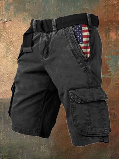 Men's Vintage Flag Independence Day Multi-Pocket Print Cargo Shorts (Belt Not Included)