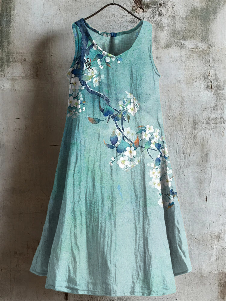 Vintage Antique Pear Blossom Ink Painting Print Linen Tank Dress