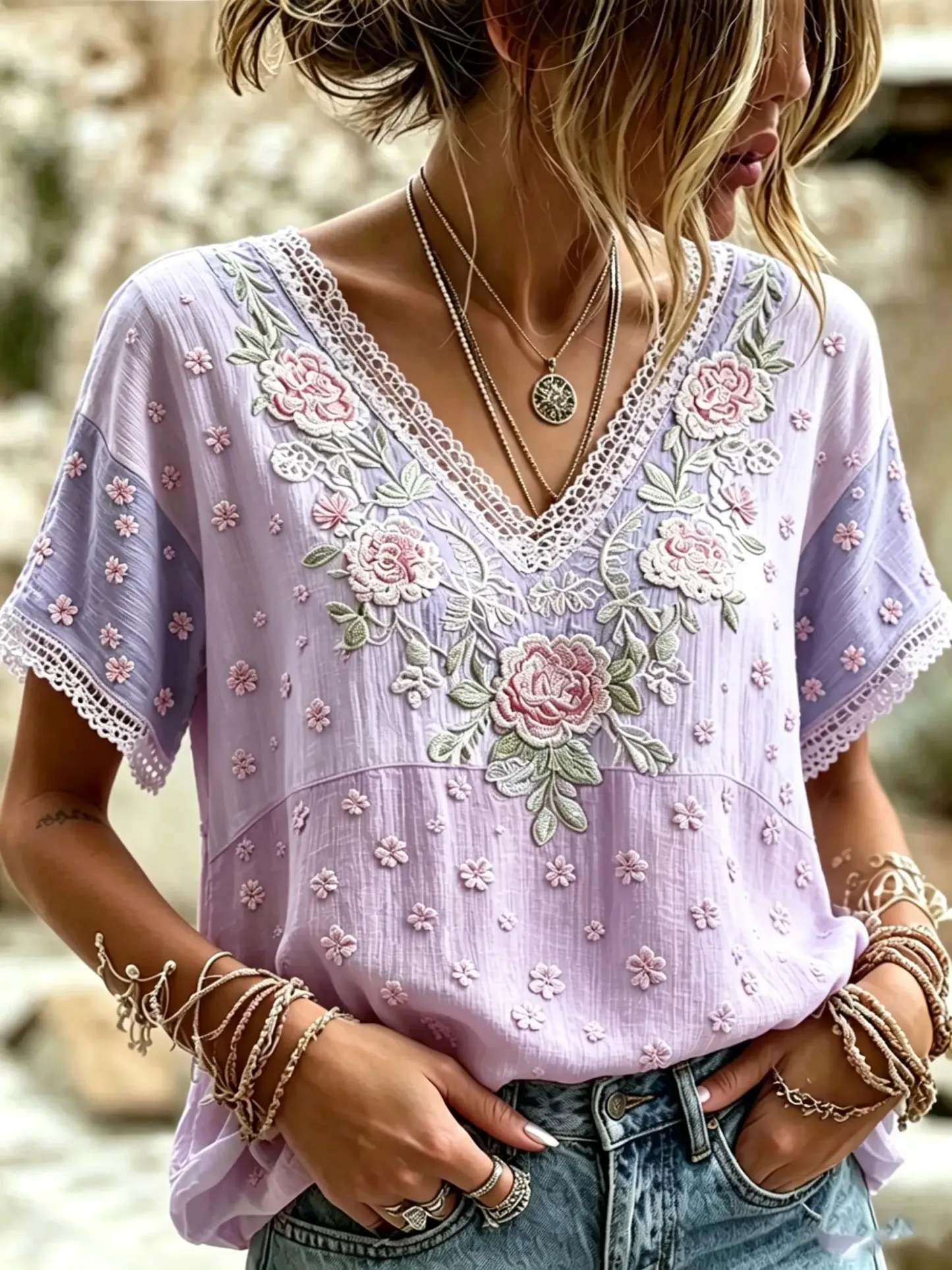 Women's Floral Patchwork Print Cotton Lace Trim V-Neck Blouse