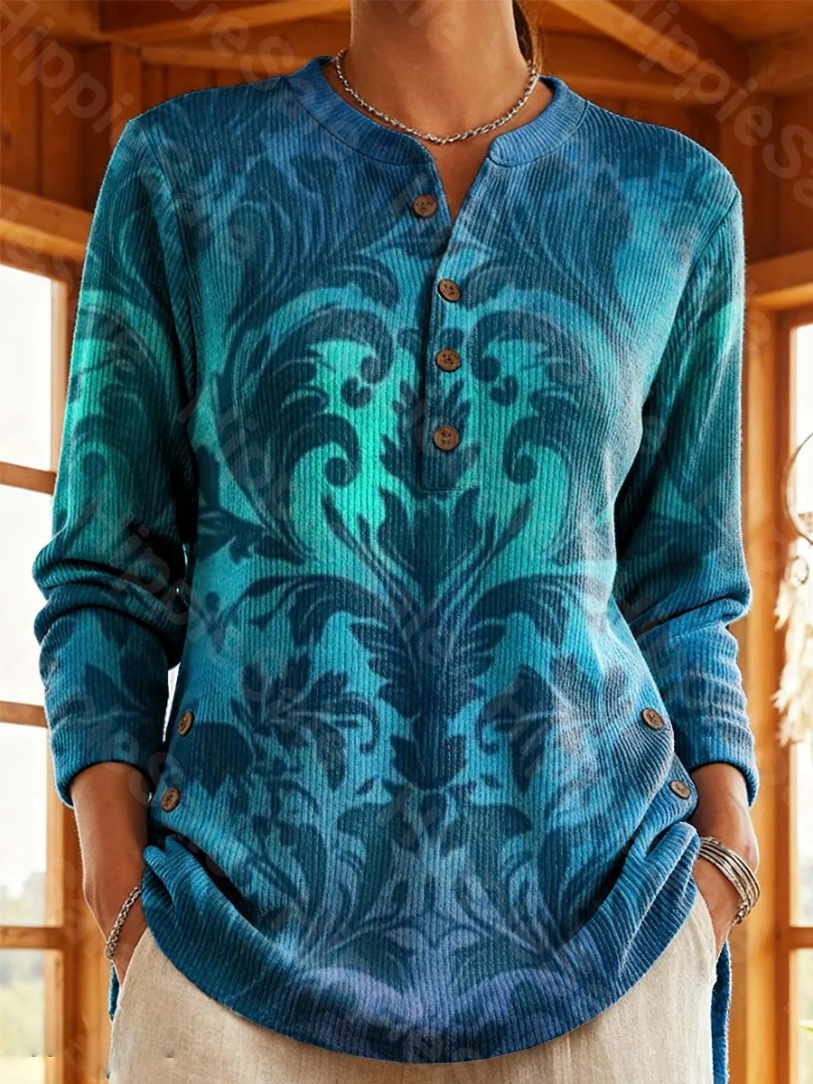 Women's Vintage Blue Gradient Bohemian Floral Art Print Casual Cotton 