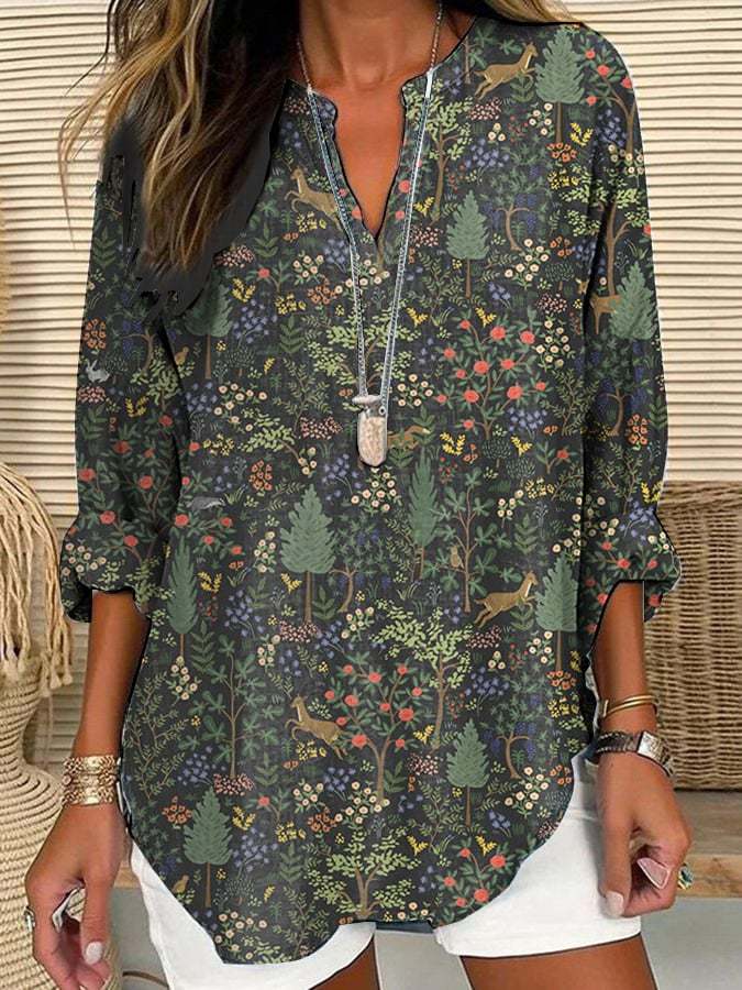 Women's Casual Forest Animal Plant Flower Cotton And Linen Shirt