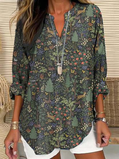 Women's Casual Forest Animal Plant Flower Cotton And Linen Shirt