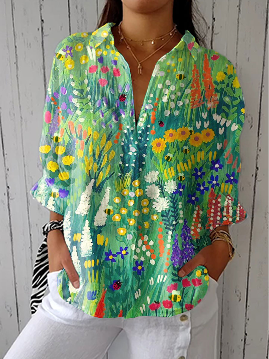 Women's Vintage Floral Art Print Casual Linen V-neck Shirt