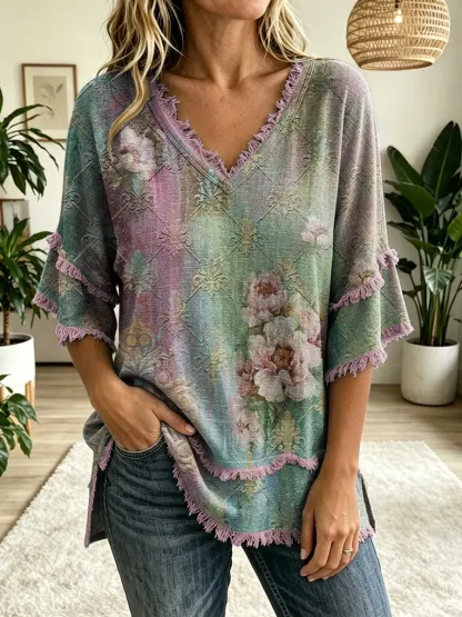 Women's Vintage Folk Floral Art Print V-Neck Tasseled Cotton Top