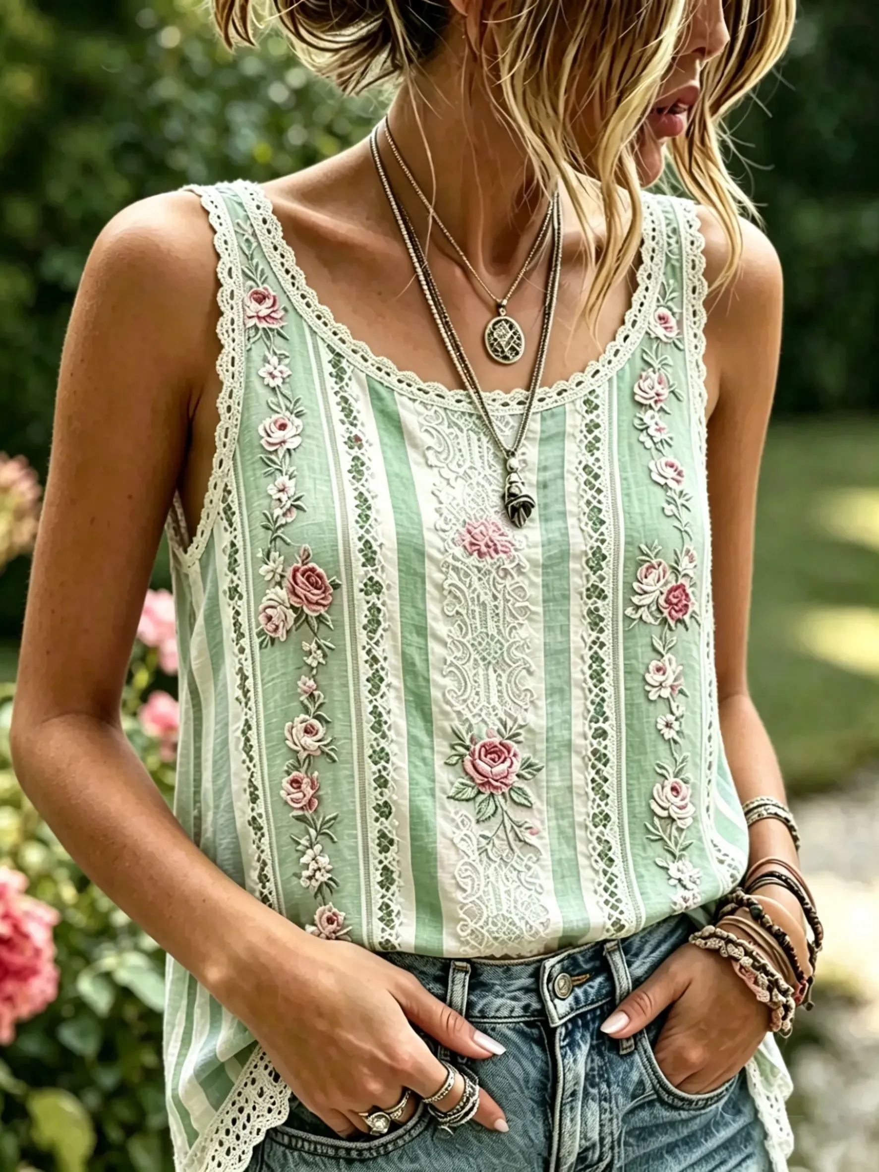 Women's Stripe Floral Print Cotton Lace Trim Sleeveless Tank Top