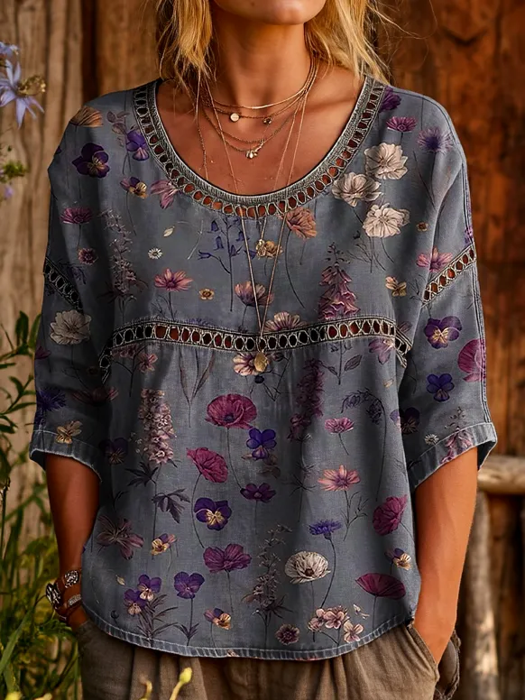 Women's Vintage Ethnic Dark Gray Floral Art Prints Casual Round Neck C