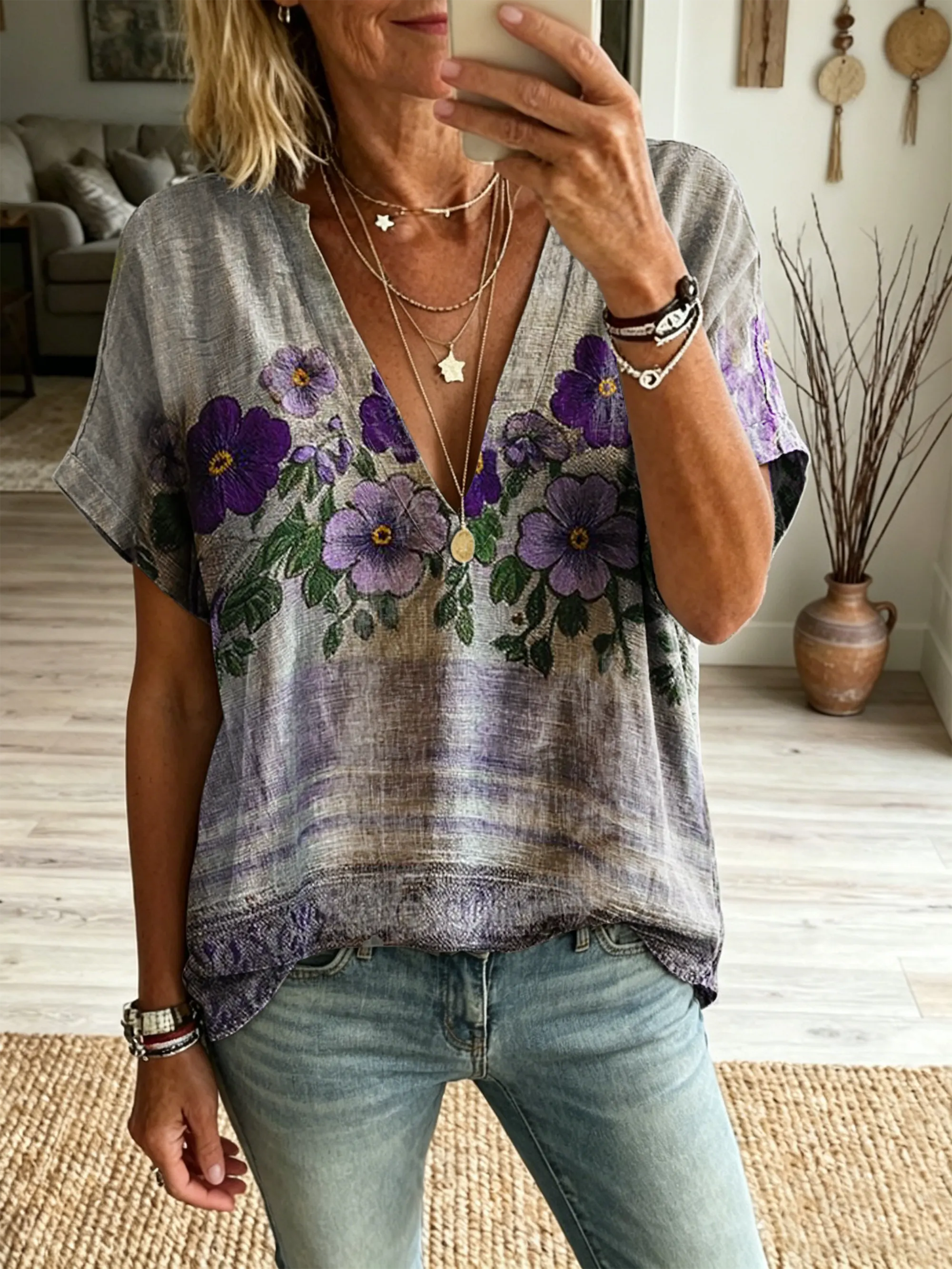 Women's Vintage Purple Floral Art Print Casual V-Neck Short-Sleeve Shirt