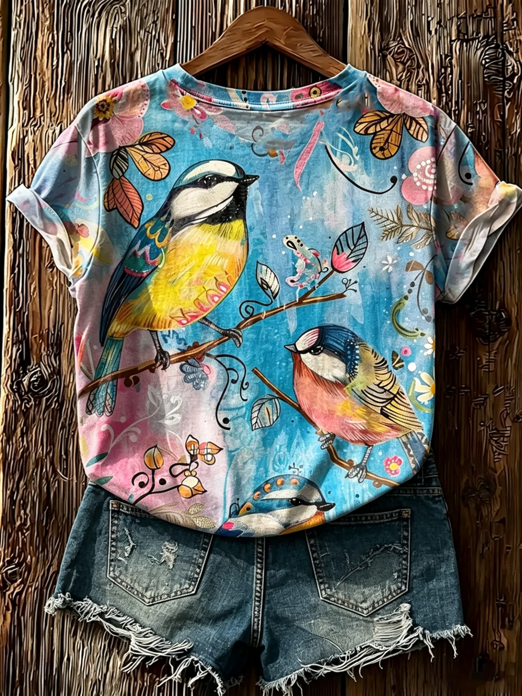 Women's Watercolor Bird & Floral Print Short Sleeve T-Shirt