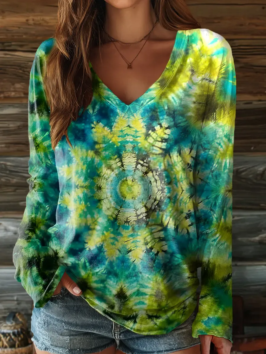 Retro Ethnic Tie Dye Women's Print Casual V-neck Long Sleeve T-shirt