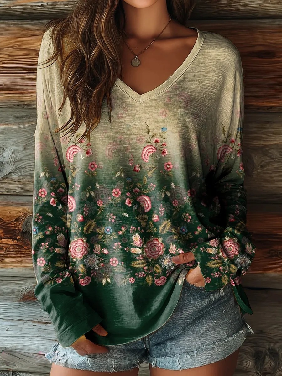 Women's Vintage Floral Art Print Casual V-neck Long Sleeve T-shirt