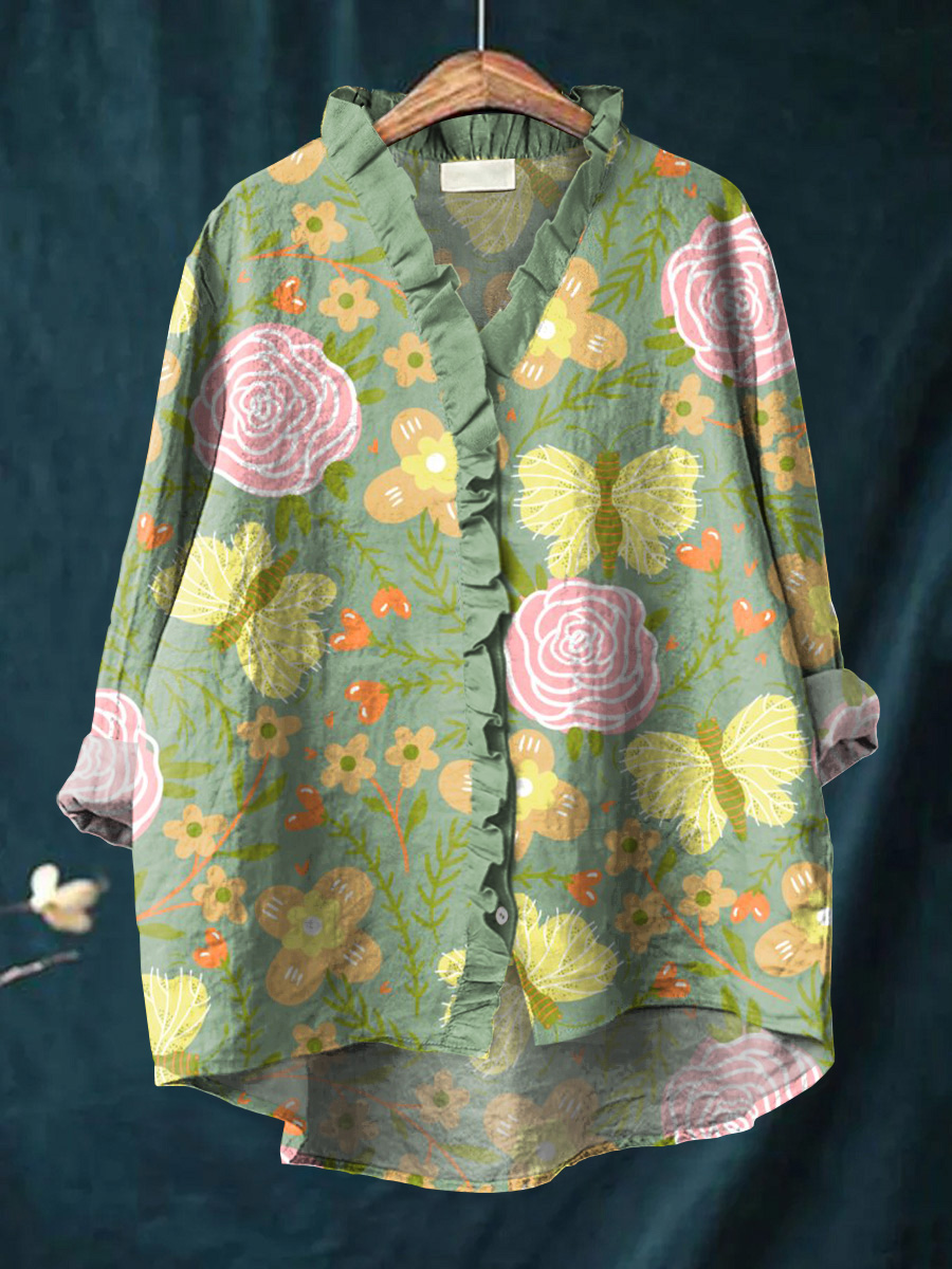Women's Vintage Beautiful Colorful Floral Butterfly Art Print Casual Cotton And Linen Ruffle Shirt