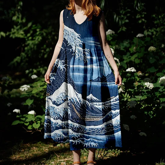 Japanese Wave And Mountain Sashiko Art Linen Maxi Dress