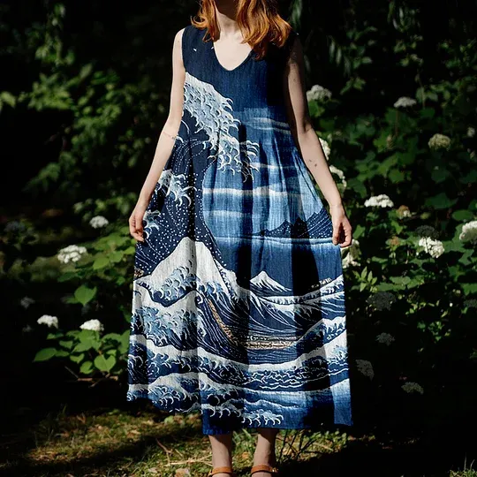 Japanese Wave And Mountain Sashiko Art Linen Maxi Dress