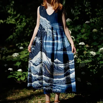 Japanese Wave And Mountain Sashiko Art Linen Maxi Dress