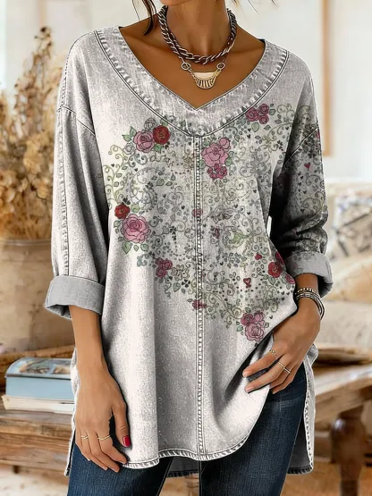 Women's Retro Floral Heart Art Print Casual V-Neck Denim Top