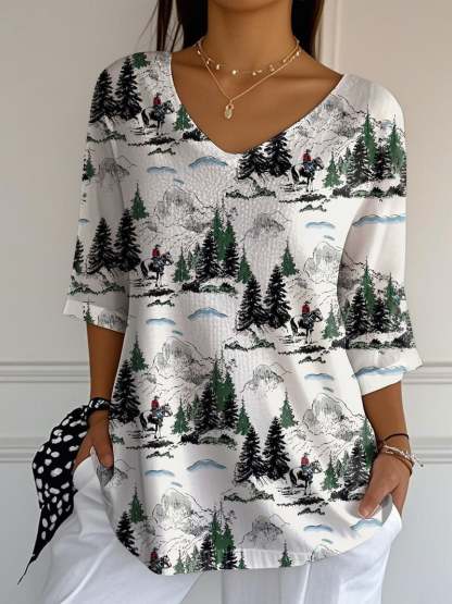 Women's National Park Forest Plants Animals Art Print Casual V Neck T-Shirt