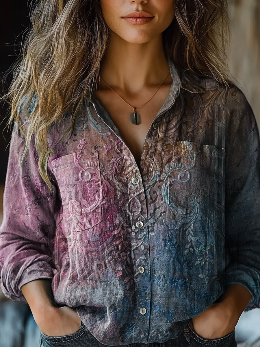 Women's Vintage Gradient Flower Pattern Print Long Sleeve Comfortable Cotton Shirt