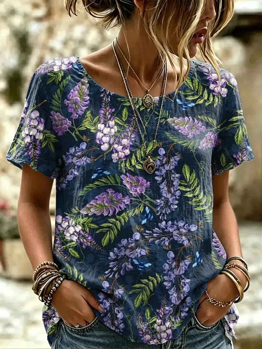 Women's Wisteria Floral Print Casual T-Shirt