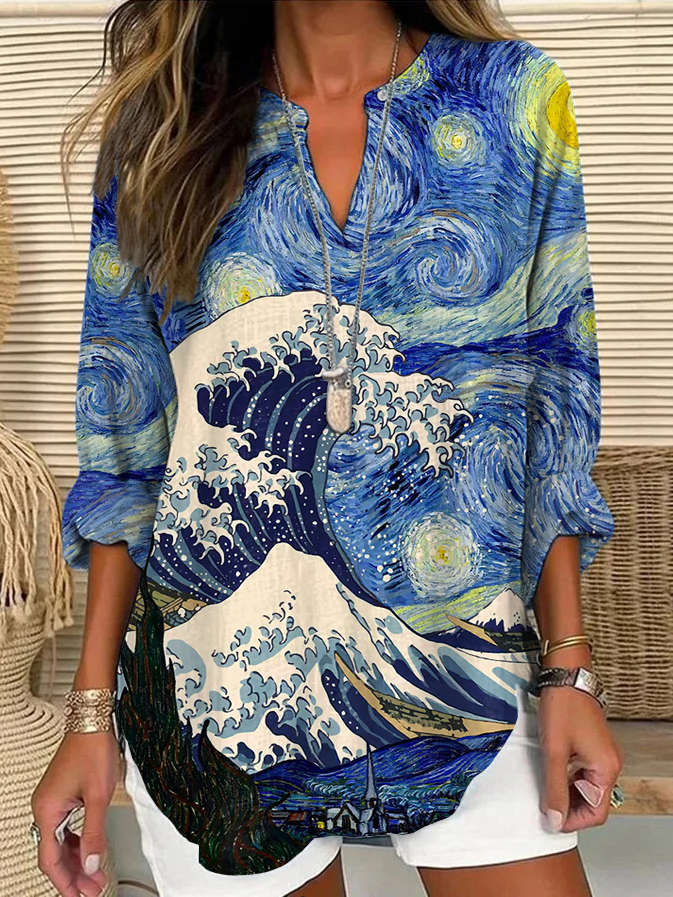 Women's Waves Under The Starry Night Print Linen V-neck Shirt