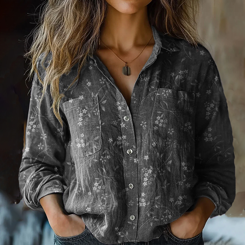 Bohemian Style Floral Linen Print  Long Sleeve Shirt