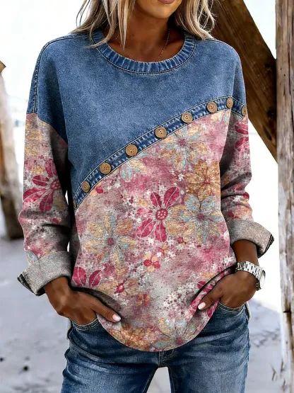 Women's Retro Floral Art Print Casual Long-sleeved Round Neck Denim Patchwork Top