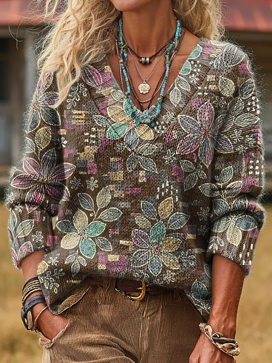 Unisex Retro Ethnic Floral Art Print Casual Long-Sleeve V-Neck Wool Bl