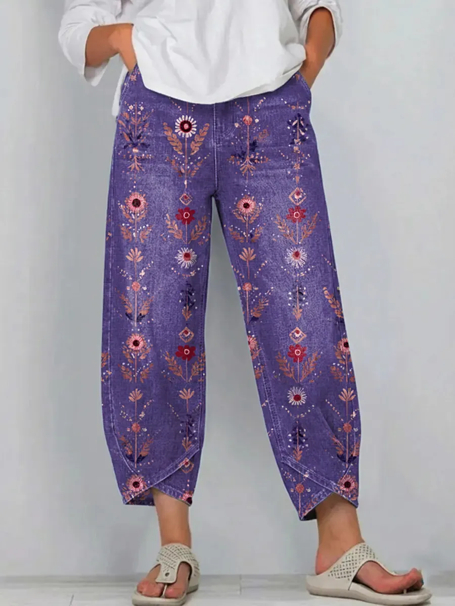 Women's Vintage Floral Art Print Jeans