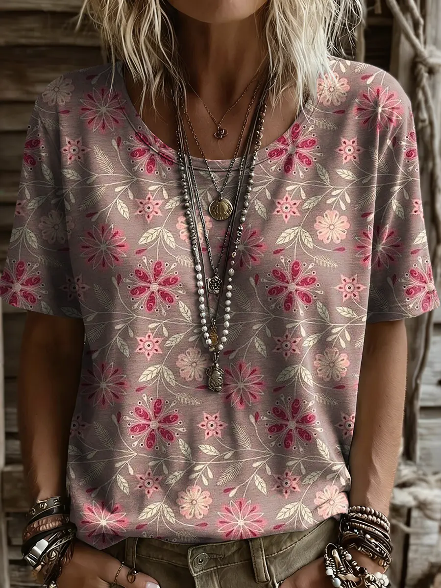 Women's Retro Ethnic Floral Print Round-neck Short-sleeve T-shirt