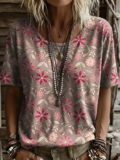 Women's Retro Ethnic Floral Print Round-neck Short-sleeve T-shirt