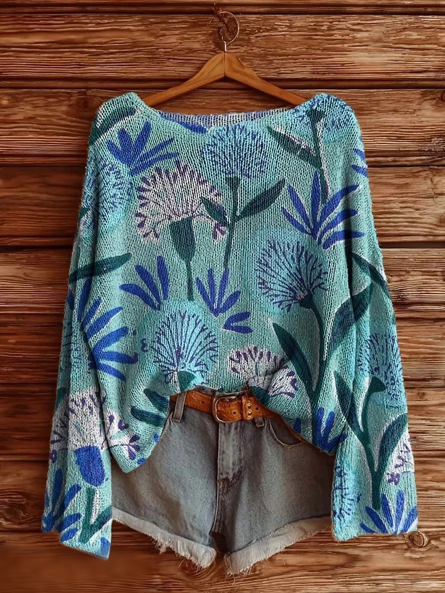 Women's Floral Pattern Artistic Print Casual Knit Sweater