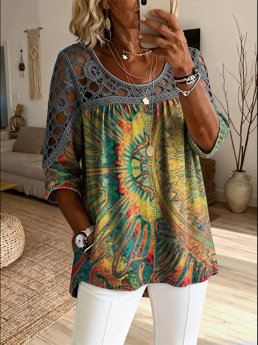 Women's Retro Ethnic Art Print Casual Three-quarter Sleeve Round Neck Hollow-out Top
