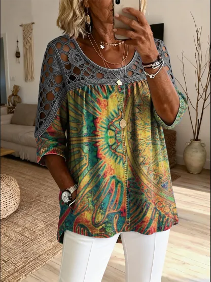 Women's Retro Ethnic Art Print Casual Three-quarter Sleeve Round Neck Hollow-out Top