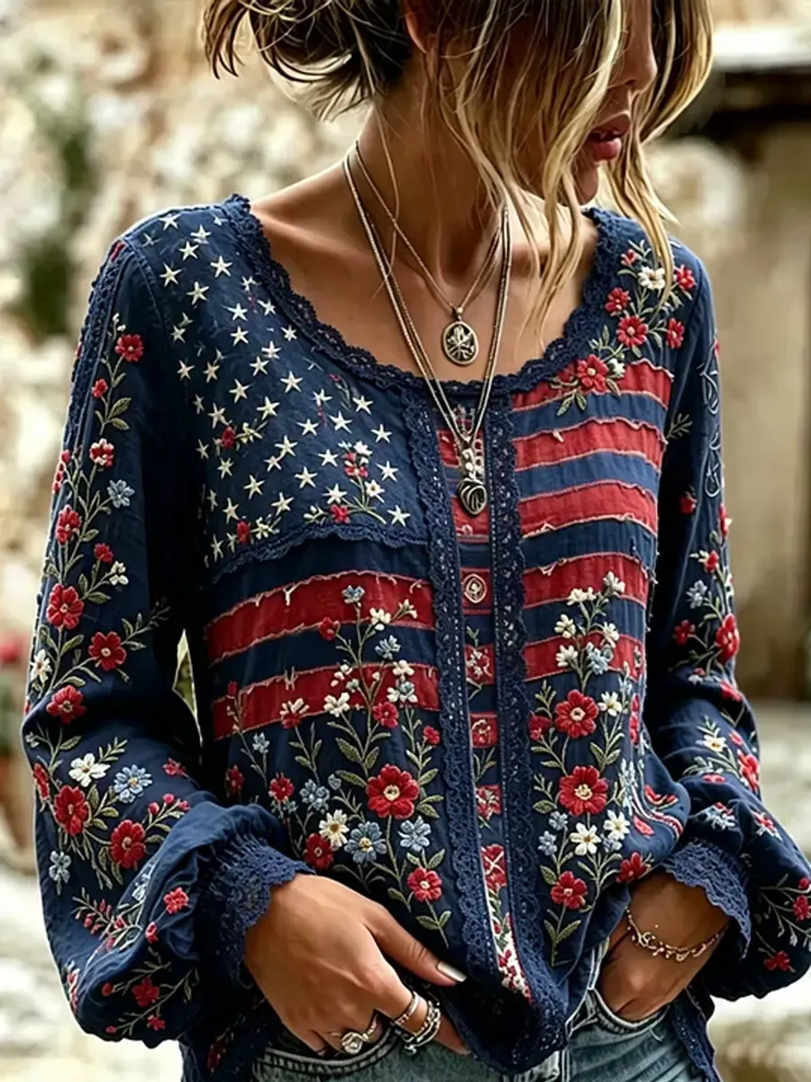 Women's American Flag Floral Print Cotton Blouse