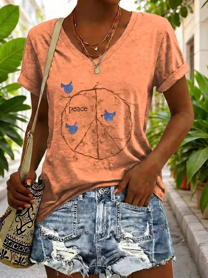 Women's Vintage Yellow Peace Sign Bird Hippie Art Print Casual V-neck Cotton T-shirt