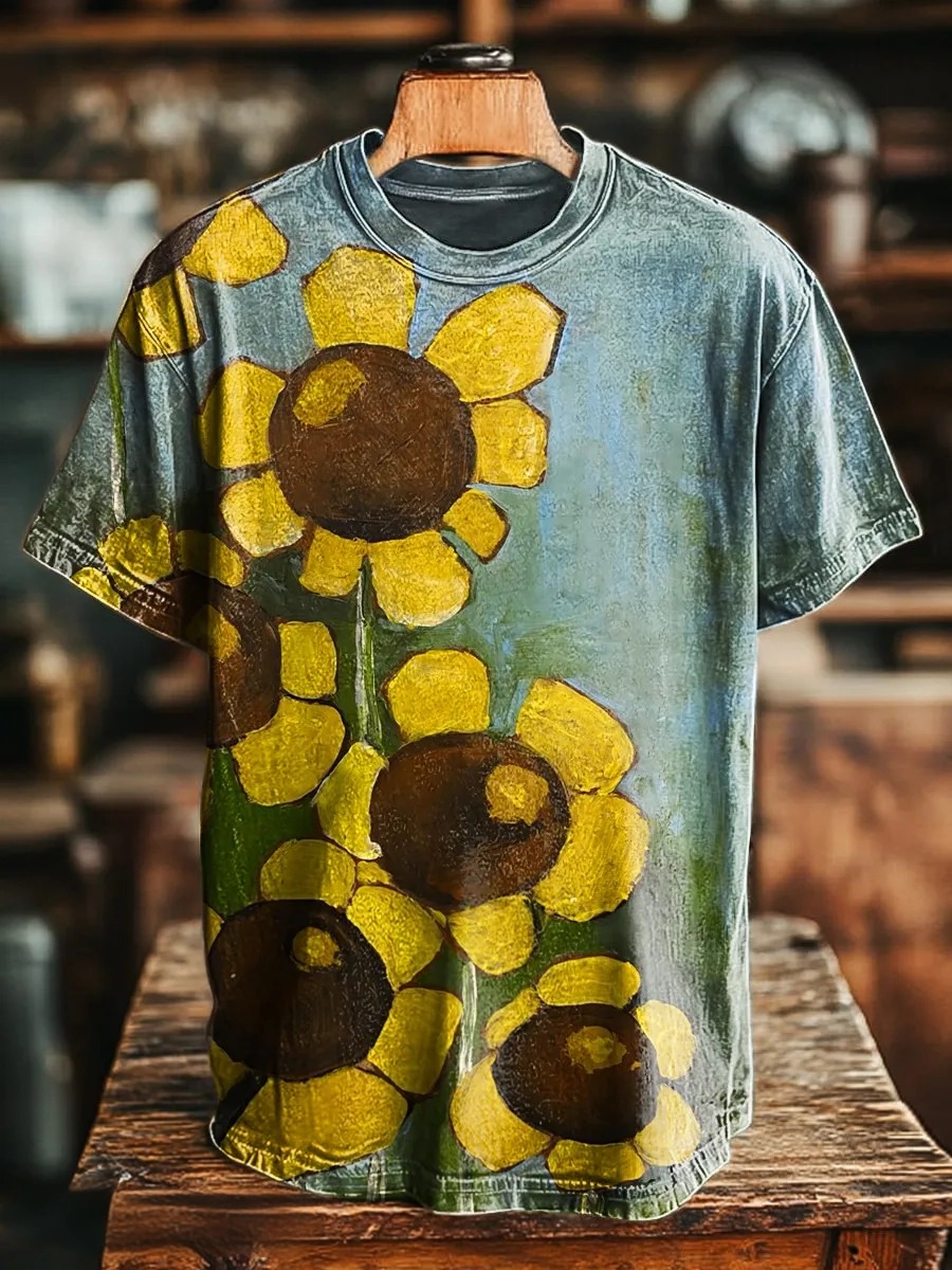 Unisex Sunflower Pattern Art Print Casual Loose Short Sleeve T-Shirt
