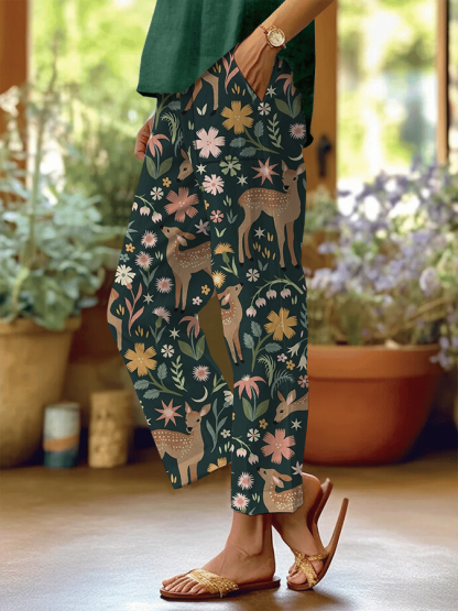 Women's Forest Floral Deer Print Casual Pants (With Pockets)