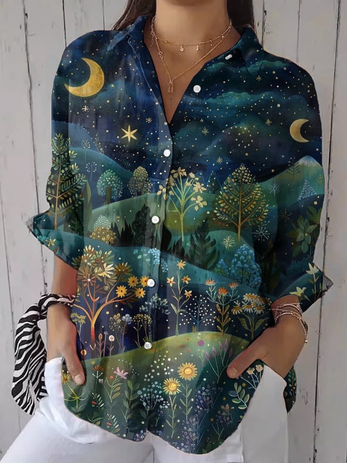 Women's Retro Moonlight Forest Plant Animal Print Shirt