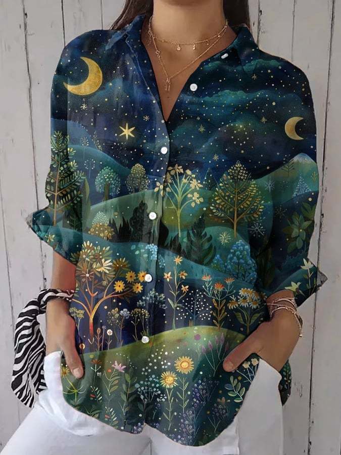 Women's Retro Moonlight Forest Plant Animal Print Shirt