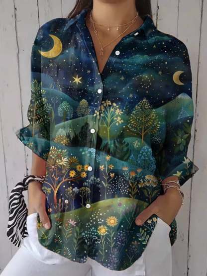 Women's Retro Moonlight Forest Plant Animal Print Shirt