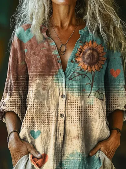 National Flower Sunflower Women's Print Casual Cotton Linen Shirt
