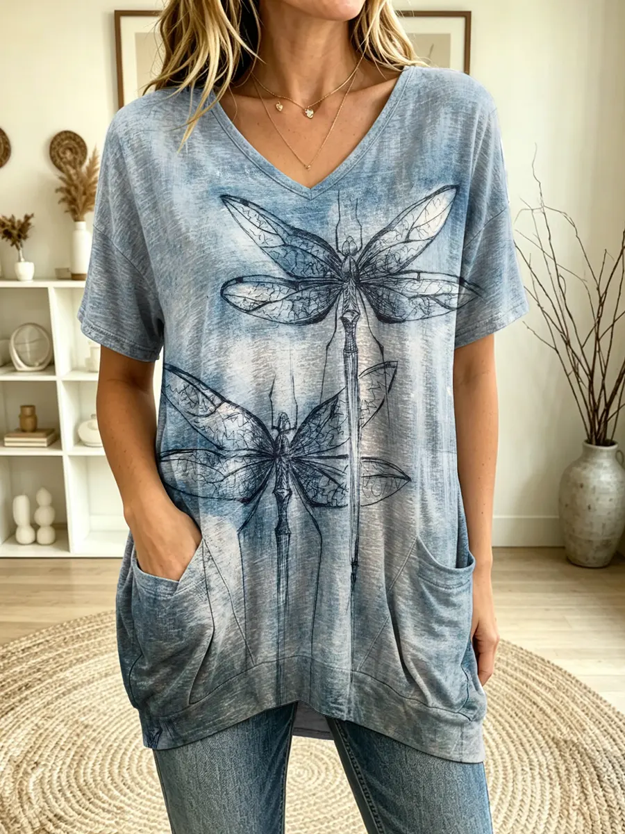 Women's Dragonfly Printed Short Sleeve V-Neck Pocket Tunic Top