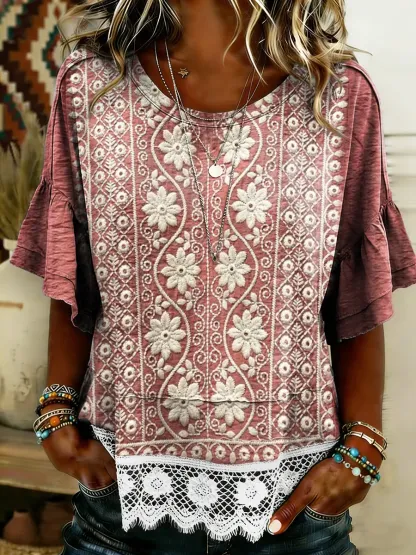 Women's Floral Art Print Lace Trim Hem Comfortable Cotton Top