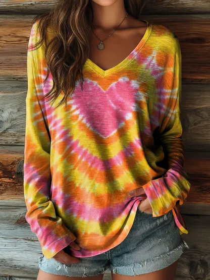 Women's Retro Yellow Love Heart Tie-dye Art Print Casual V-neck Long Sleeve T-shirt